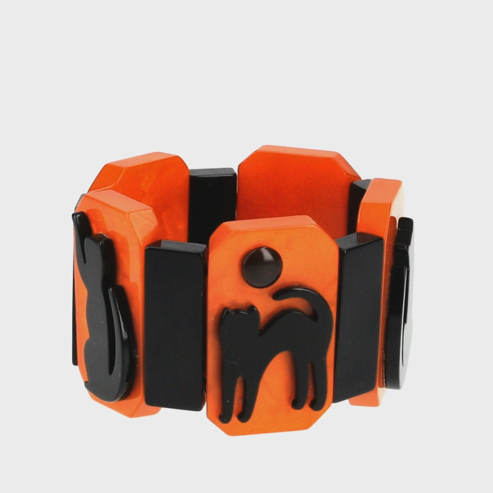 Orange and Black Halloween with Black Cat, Crow and Bat Bracelet 