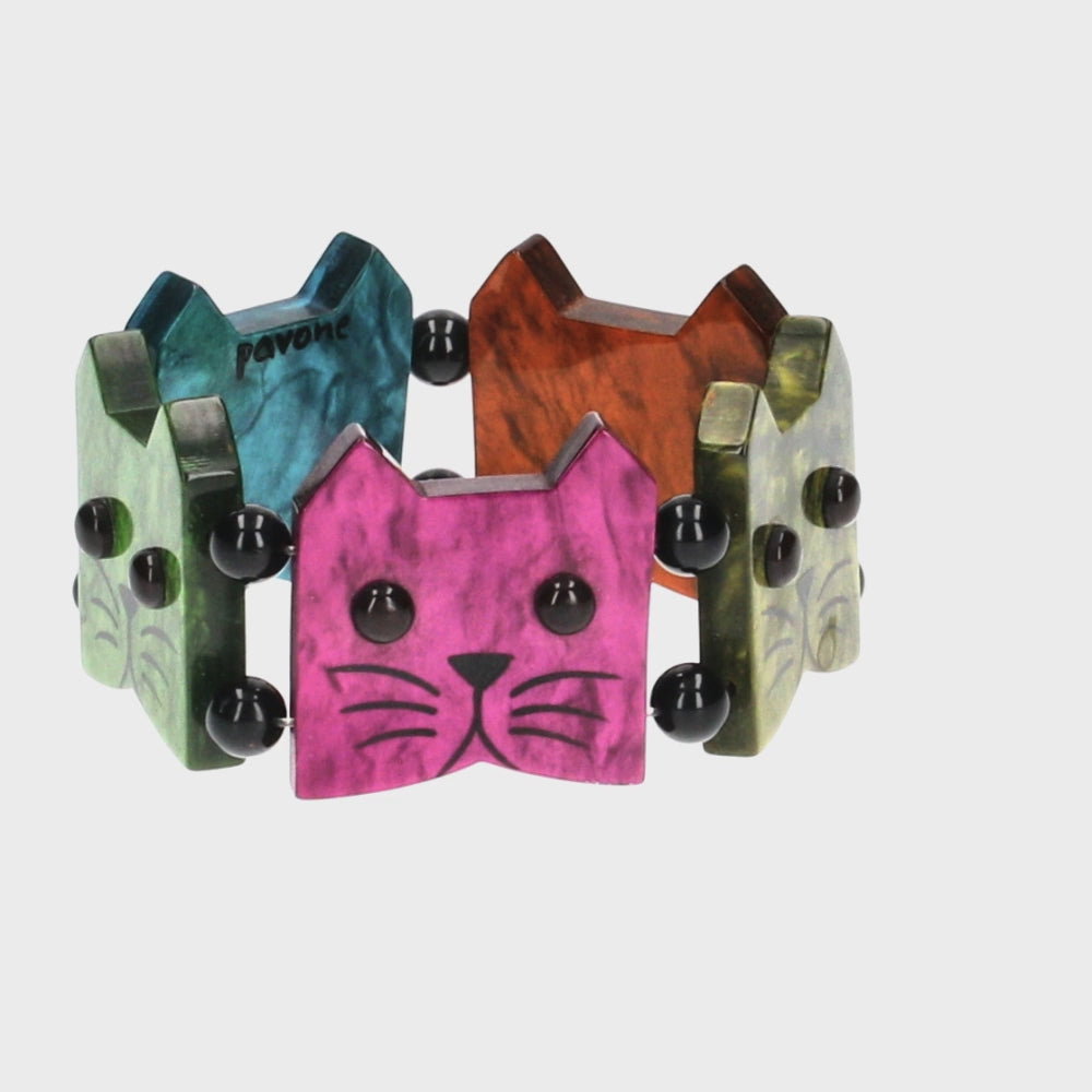 Multicolored Cat Head Bracelet  (moss green, malachite green, ginger orange fuchsia pink, turquoise blue))