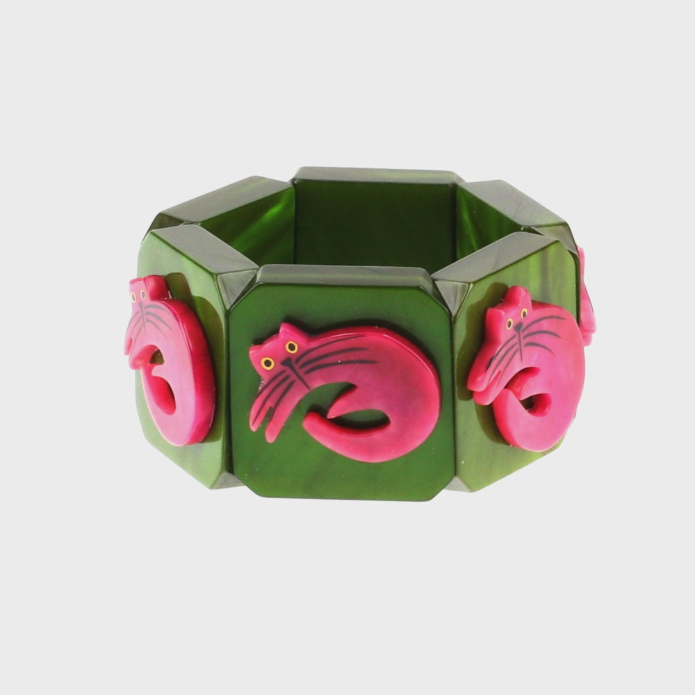 Fuchsia Pink Lying Cat on Moss Green Bracelet 