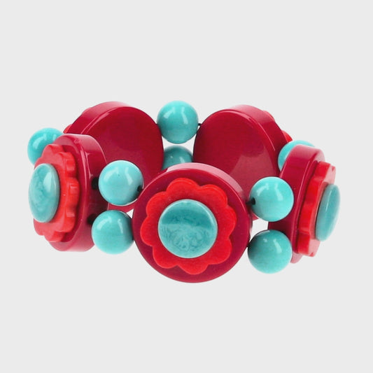 Cherry Red, Scarlet Red and MAquamarine Blue Flowers Bracelet