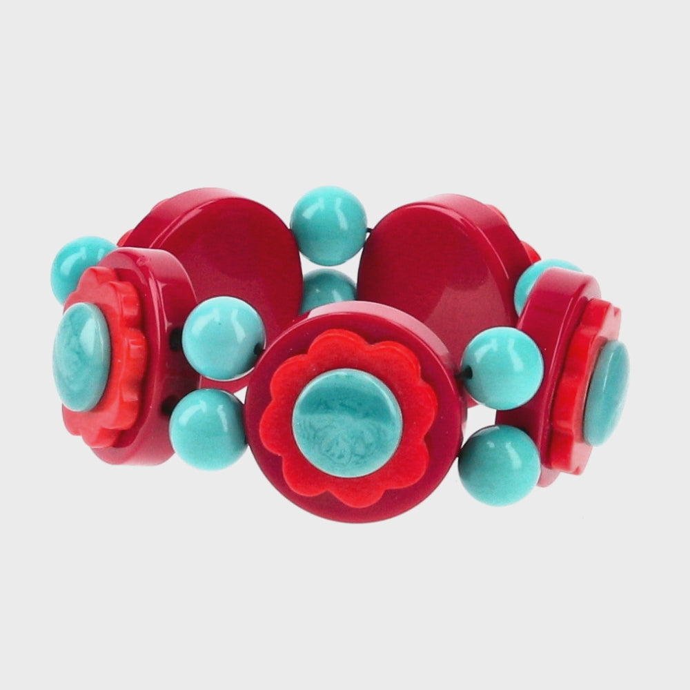 Cherry Red, Scarlet Red and MAquamarine Blue Flowers Bracelet