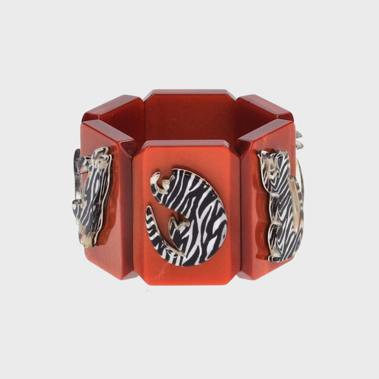 Black and White Zebra Cat Silhouette on Ginger Brown Bracelet