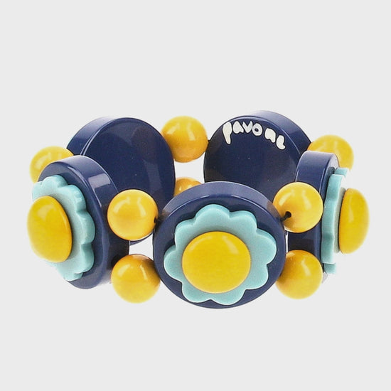 Navy Blue, Azur Blue and RMimosa Yellow Flowers Bracelet 