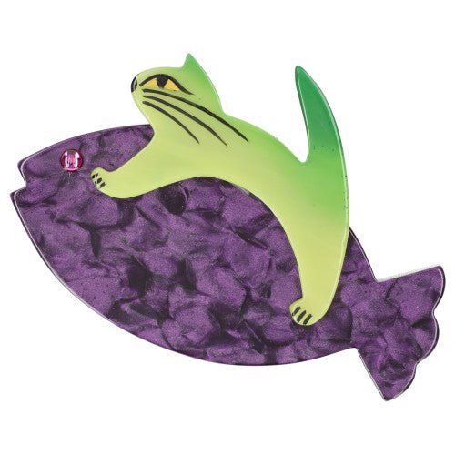 Purple and Anis Green Sinbad Cat Brooch (small size) - Galalith – Vintage Jewelry - handcrafted by Pavone by Pavone