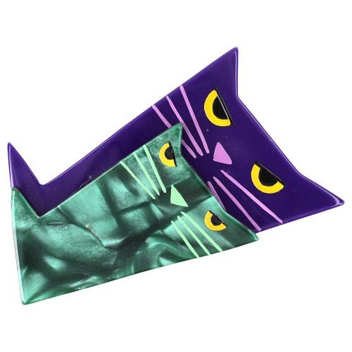 Purple and Malachite Green Chartreuse Cat Brooch - Galalith – Vintage Jewelry - handcrafted by Pavone by Pavone