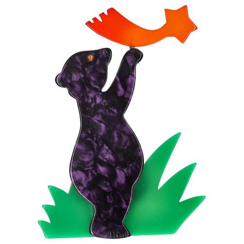 Purple and Mango Orange Star Bear Brooch on Green Grass - Galalith – Vintage Jewelry - handcrafted by Pavone by Pavone