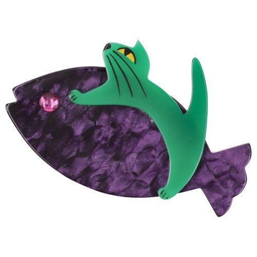 Purple and Mint Green Sinbad Cat Brooch with a Pink Eye (small size) - Galalith – Vintage Jewelry - handcrafted by Pavone by Pavone