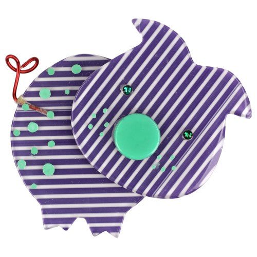 Purple and White Striped Pig Brooch with Green Polka Dots GM - Galalith – Vintage Jewelry - handcrafted by Pavone by Pavone