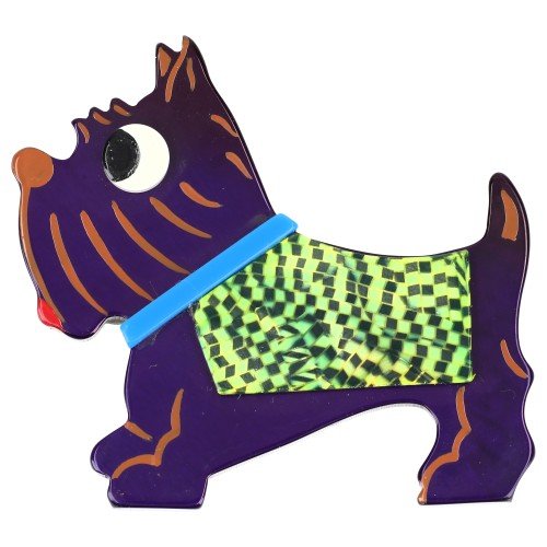 Purple, Green and Black Checkerboard Coat, Blue Collar Jano Dog Brooch (left) - Galalith – Vintage Jewelry - handcrafted by Pavone by Pavone