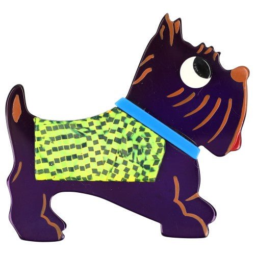 Purple, Green and Black Checkerboard Coat, Blue Collar Jano Dog Brooch (right) - Galalith – Vintage Jewelry - handcrafted by Pavone by Pavone