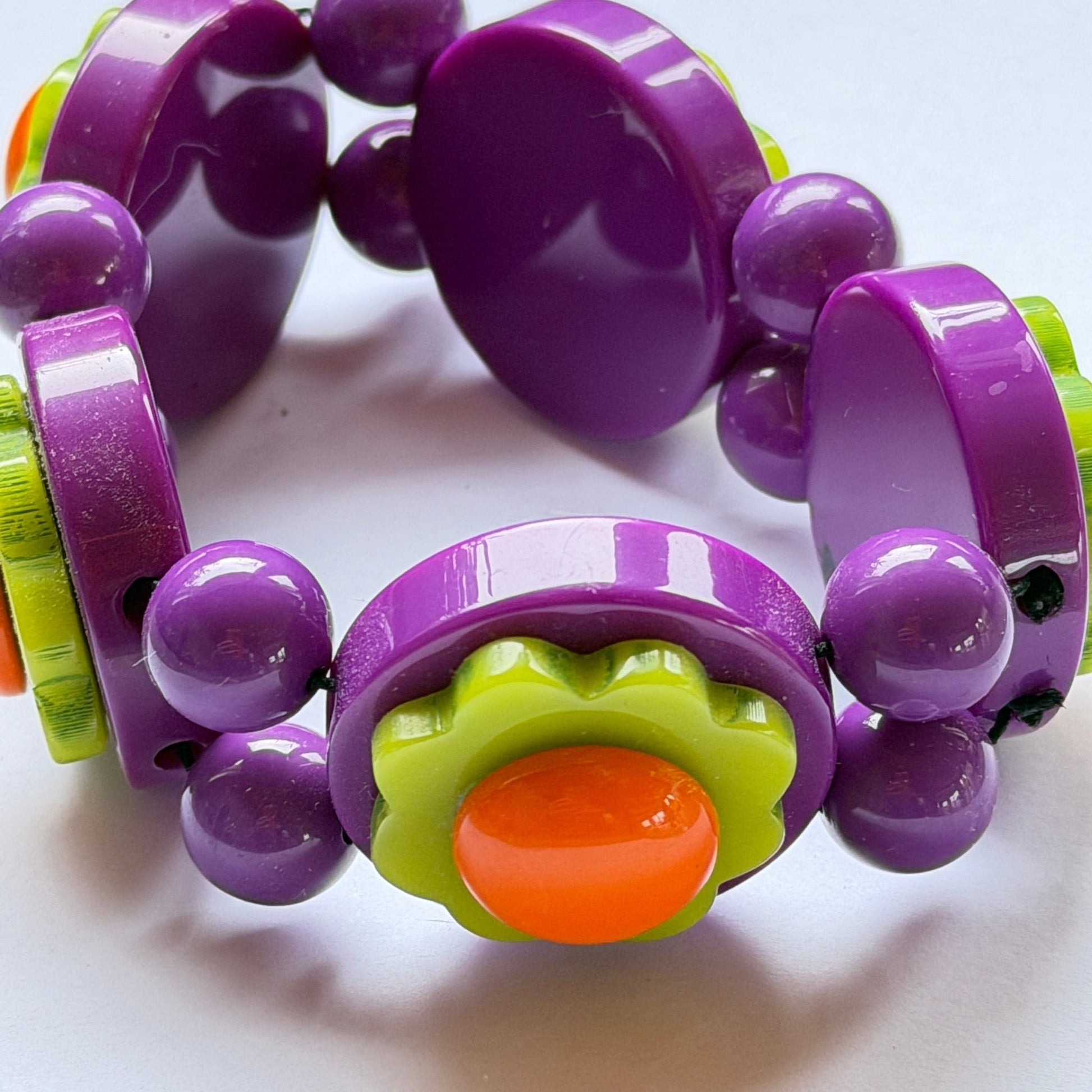 Purple, Orange and Anis Green Flowers Bracelet - Galalith – Vintage Jewelry - handcrafted by Pavone by Pavone