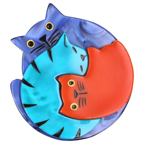 Pearly French Blue, Turquoise Blue and Orange Puzzle Cat Brooch