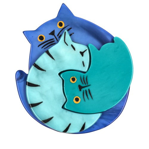 French, Azur Blue and Turquoise Blue Cat Brooch 
