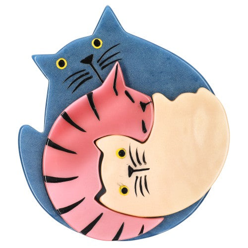  French Blue, Candy and Light Pink Puzzle Cat Brooch 