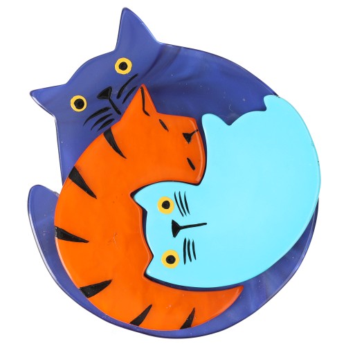 Pearly French Blue, Orange and Aquamarine Blue Puzzle Cat Brooch 