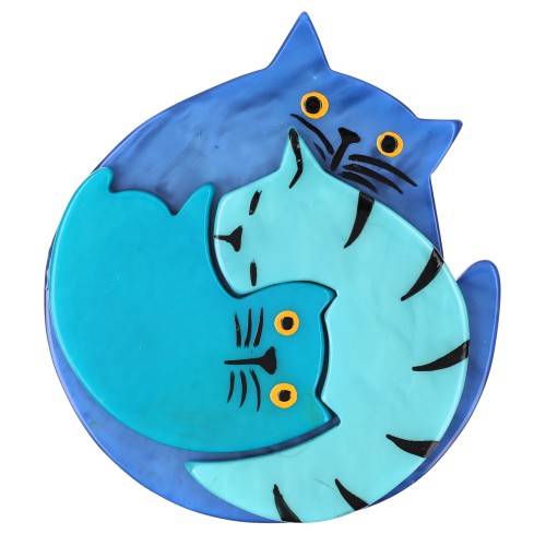 French, Sky and Turquoise Blue Cat Brooch