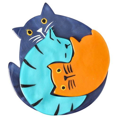 Navy and Turquoise Blue, Orange Puzzle Cat Brooch 