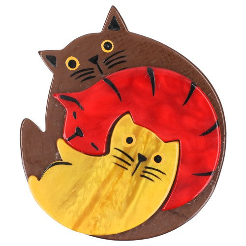 Brown, Red and Ocher Yellow Puzzle Cat Brooch