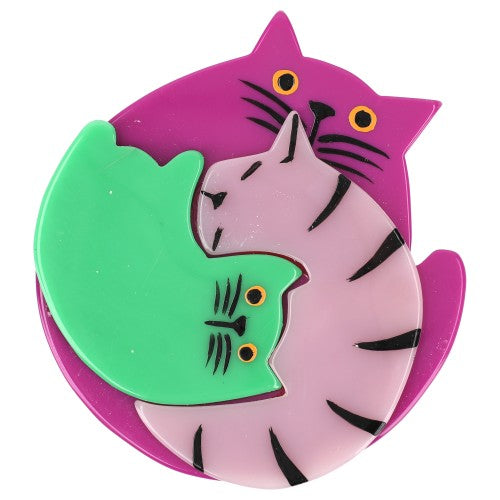 Cyclamen Pink, Lilac Purple and Veronese Green Puzzle Cat Brooch 