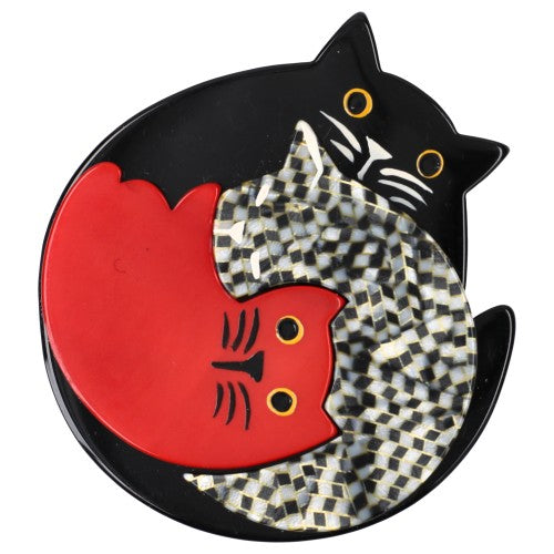 Black, Checkers and Red Puzzle Cat Brooch