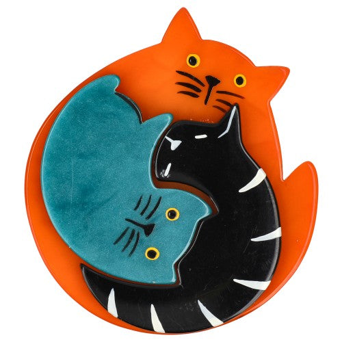 Orange, Black and Ocean Blue Puzzle Cat Brooch 