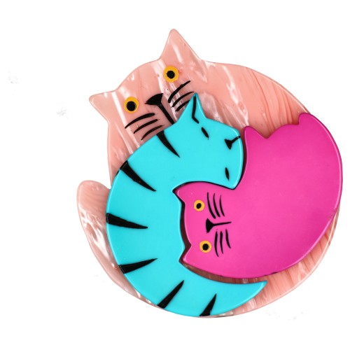 Pearly Light Pink,Turquoise and Candy Pink Puzzle Cat Brooch 
