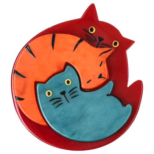Red, Orange and Ocean Blue Puzzle Cat Brooch