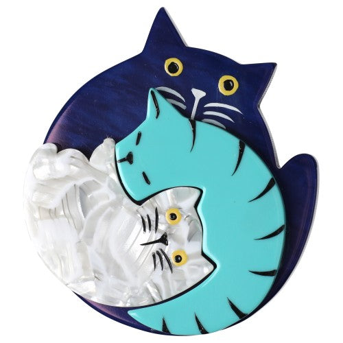 Navy, Aquamarine and White Puzzle Cat Brooch