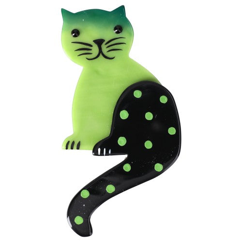 Anise Green Striped Tail Cat Brooch with Dots 