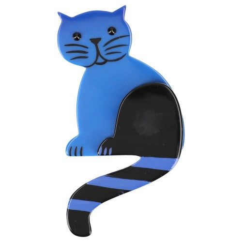 Cobalt Blue Striped Tail Cat Brooch with Black Eyes