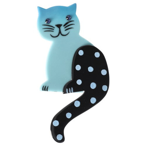 Azur Blue Striped Tail Cat Brooch with Dots 