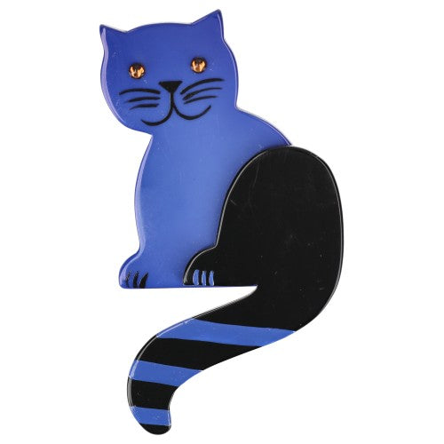 Cobalt Blue Striped Tail Cat Brooch with Yellow Eyes 
