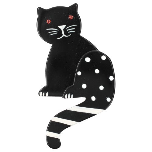 Black and White Striped Tail Cat Brooch with Dots