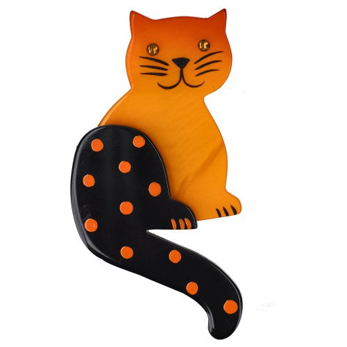  Orange Striped Tail Cat Brooch with Dots