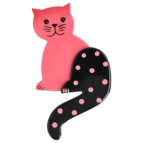 Candy Pink Striped Tail Cat Brooch with Dots