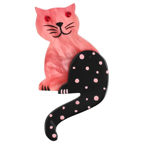 Bright Pink Striped Tail Cat Brooch with Dots