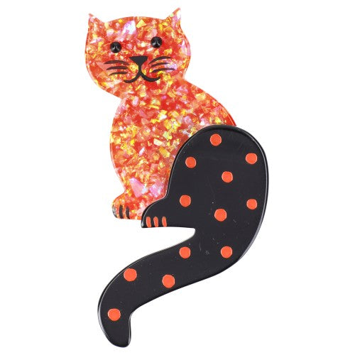 Brilliant Red Striped Tail Cat Brooch with Dots 