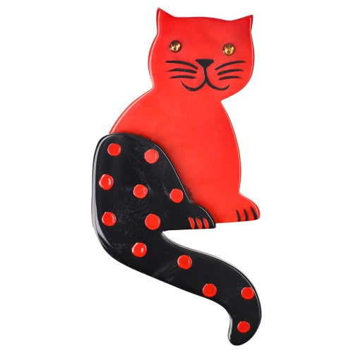 Red Striped Tail Cat Brooch with Dots