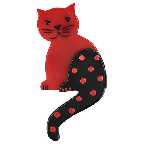 Hermès Red Striped Tail Cat Brooch with Dots 