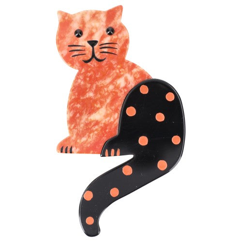 Speckled Salmon Orange Striped Tail Cat Brooch with Dots