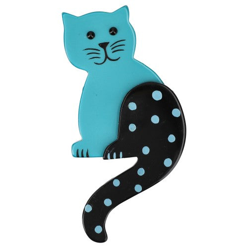 Turquoise Blue Striped Tail Cat Brooch with Dots