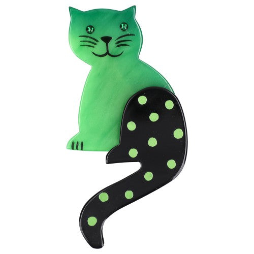 Apple Green Striped Tail Cat Brooch with Dots 