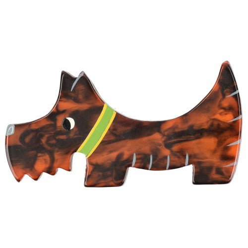 Ginger Brown and Black Scottish Raoul Dog Brooch with green collar - Galalith – Vintage Jewelry - handcrafted by Pavone by Pavone