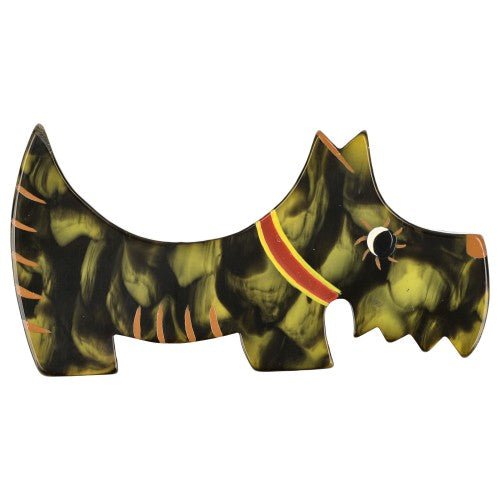 Olive Green and Black Scottish Raoul Dog Brooch with red collar - Galalith – Vintage Jewelry - handcrafted by Pavone by Pavone