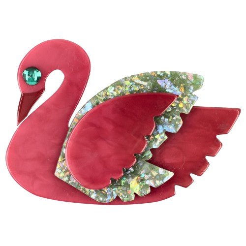 Raspberry Pink and Almond Brilliant Green Swan Bird Brooch - Galalith – Vintage Jewelry - handcrafted by Pavone by Pavone
