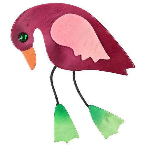 Raspberry Pink and Pink Twisty Bird Brooch with Anise Green Feet - Galalith – Vintage Jewelry - handcrafted by Pavone by Pavone