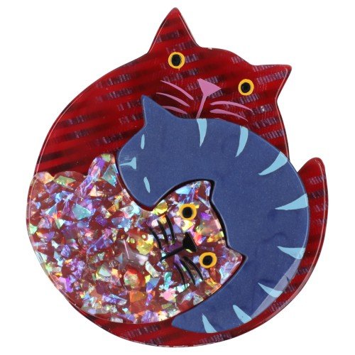 Raspberry Pink, Blue, and Brilliant Pink Puzzle Cat Brooch - Galalith – Vintage Jewelry - handcrafted by Pavone by Pavone