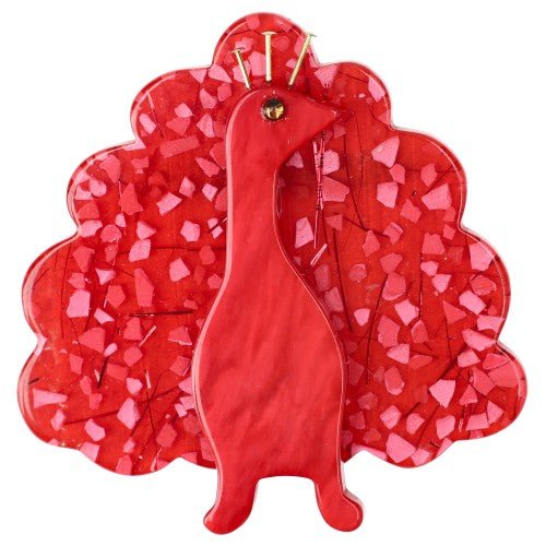 Red and Mosaic Red Peacock Bird Brooch - Galalith – Vintage Jewelry - handcrafted by Pavone by Pavone