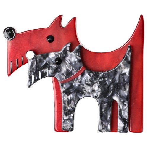 Red and Silver Grey Double Dog Brooch - Galalith – Vintage Jewelry - handcrafted by Pavone by Pavone