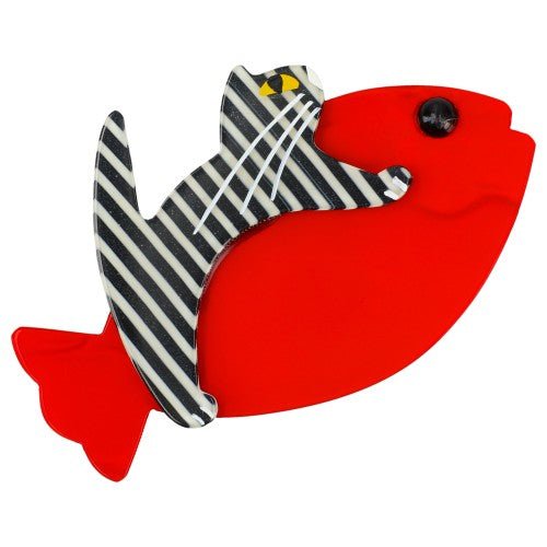 Red and Striped Black - White Sinbad Cat Brooch (small size) - Galalith – Vintage Jewelry - handcrafted by Pavone by Pavone